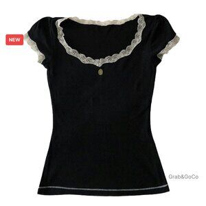 Y2K Lace Trim Crop Top Fairy Grunge Tee Polyester Crewneck Summer Aesthetic